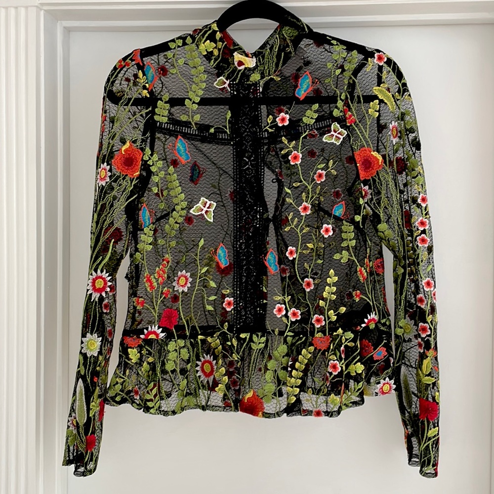 ASOS embroidered floral top with black eyelet trim